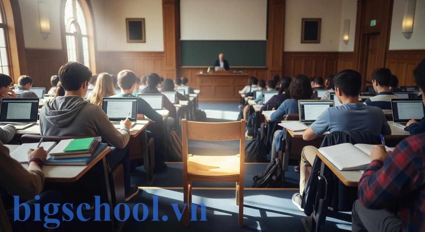 Tầm quan trọng của điểm chuyên cần thể hiện qua hình ảnh một sinh viên chăm chú trong giảng đường.