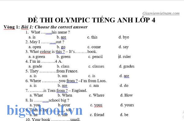 Tải bộ đề thi IOE lớp 4 năm học 2025-2026 kèm file nghe 1 đề thi ioe lớp 4