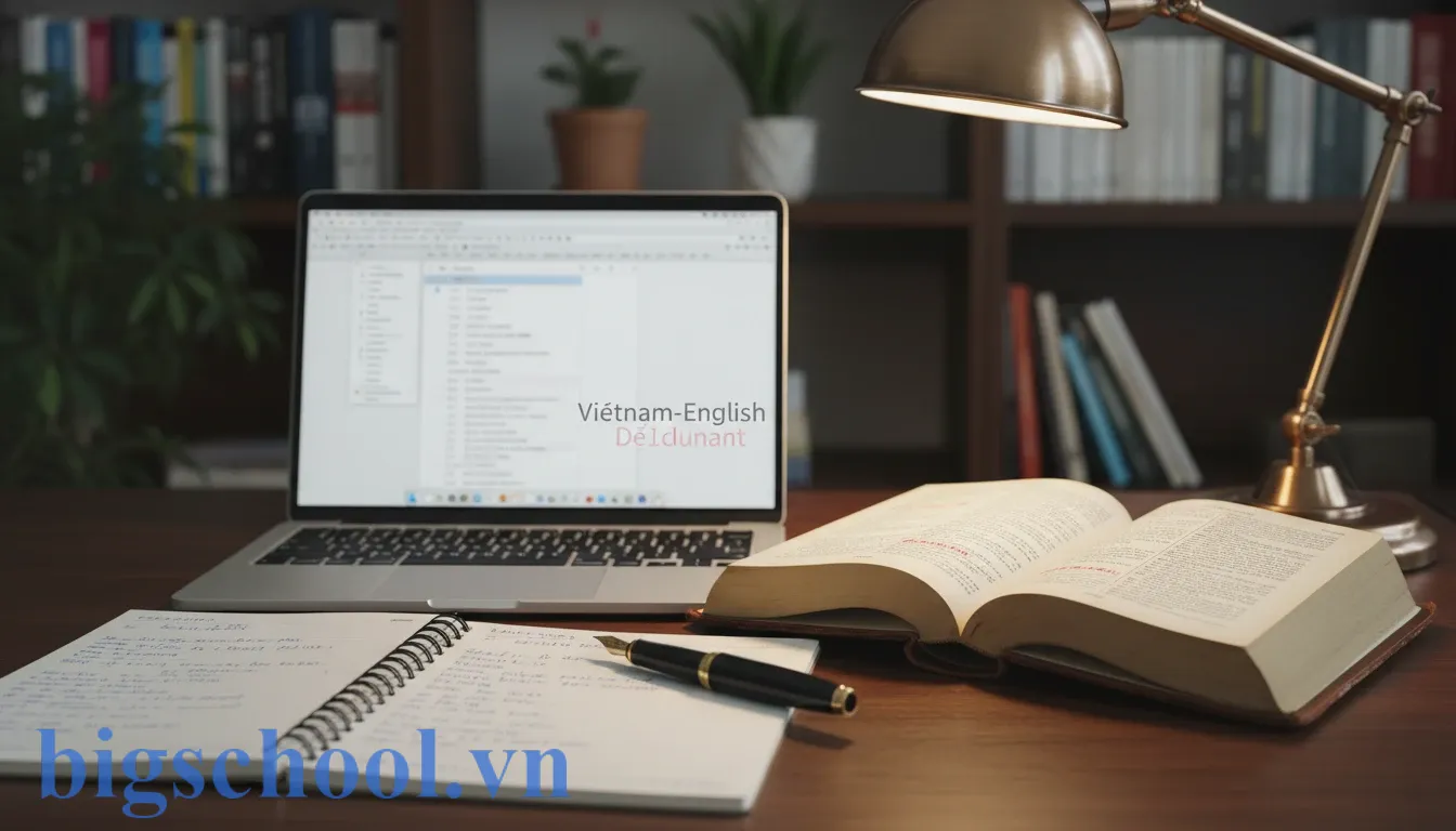 Chính tả là gì? Tầm quan trọng và cách viết đúng tiếng Việt 3 Bàn học hiện đại với laptop hiển thị công cụ soát lỗi chính tả và từ điển tiếng Việt.