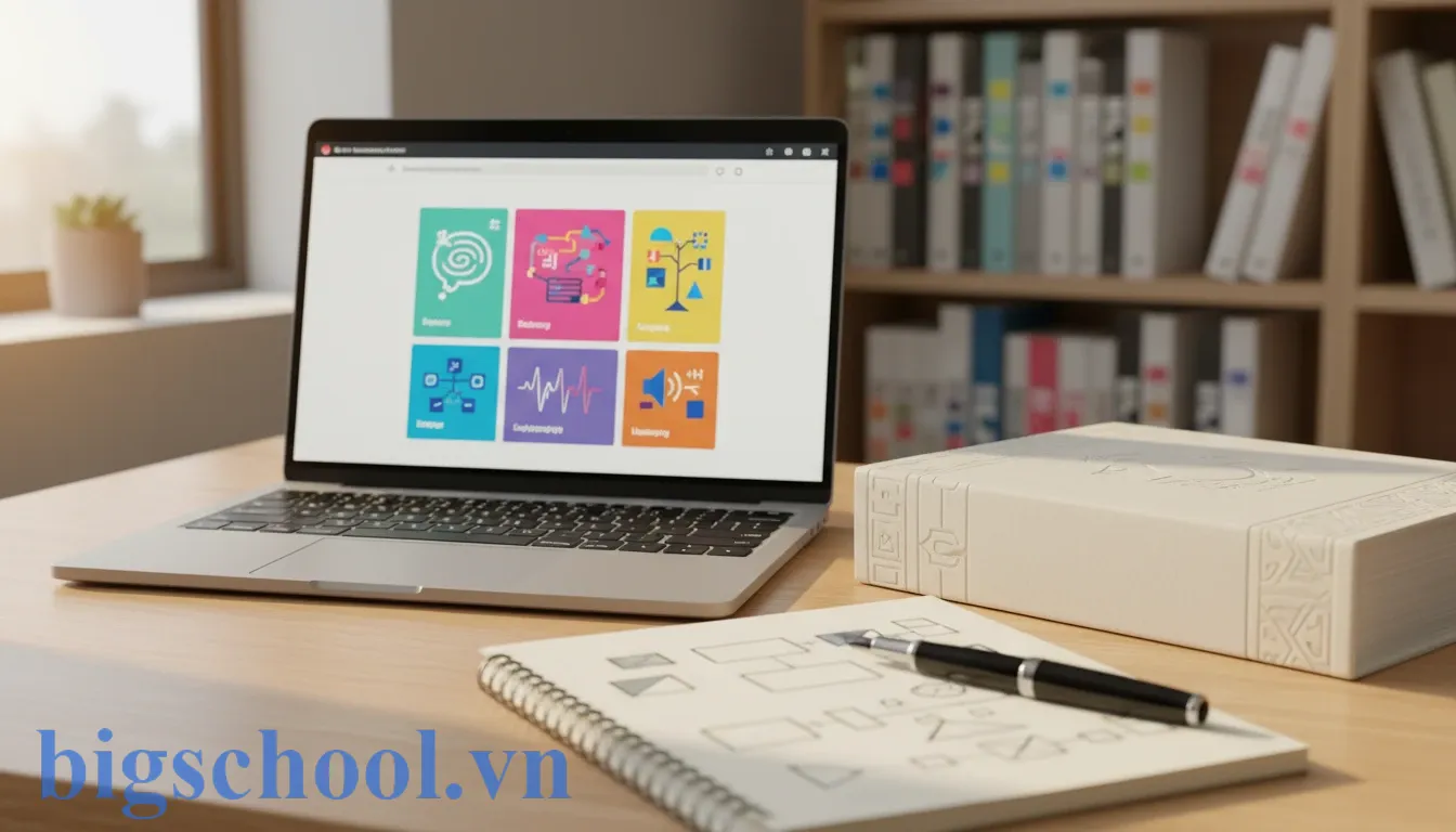 Bàn học hiện đại với máy tính và từ điển giúp phân biệt chính tả sử dụng và xử dụng.