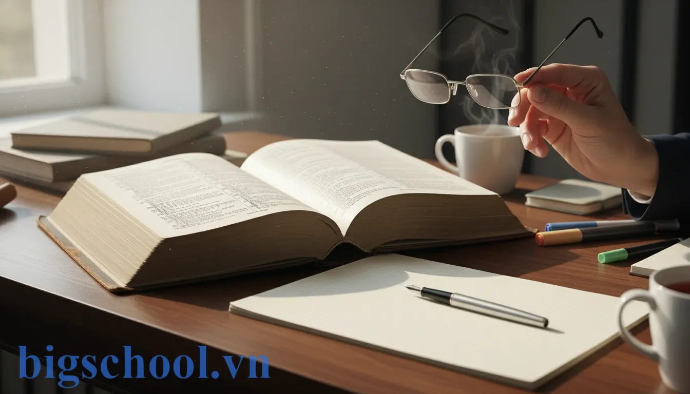 Bàn làm việc của biên tập viên với từ điển và bút máy, thể hiện sự kỹ càng và chuyên nghiệp.