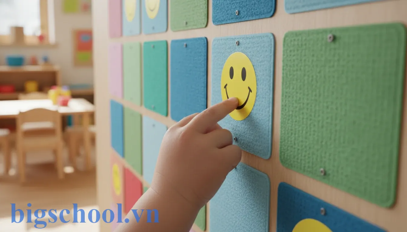 Bàn tay nhỏ của trẻ đang dán một sticker mặt cười lên bảng nội quy tương tác tại lớp.