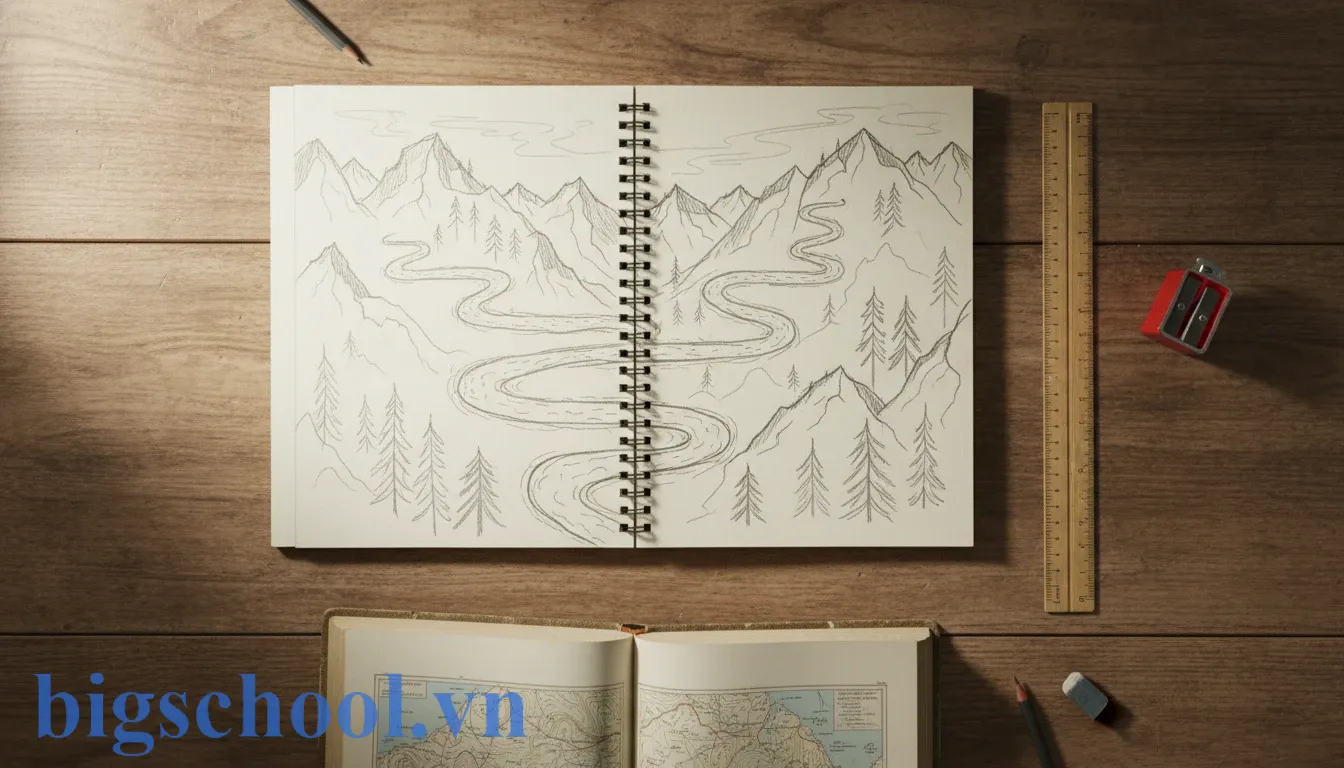 Ngoằn ngoèo hay ngoằn nghèo? Đáp án chuẩn & Mẹo nhớ quy tắc 5s (2025) 1 Bản vẽ con đường núi ngoằn ngoèo trong vở bài tập giúp học sinh ghi nhớ từ tượng hình.