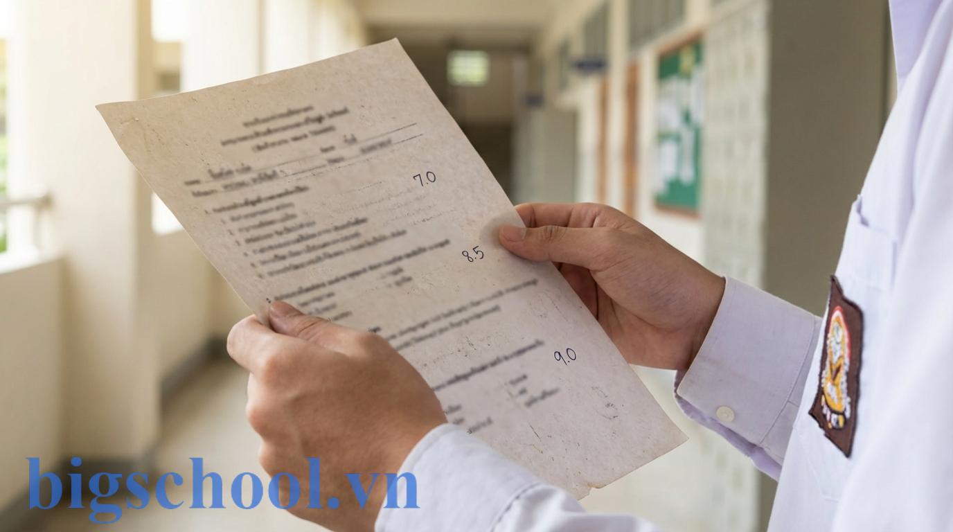 Bảng điểm học sinh giỏi với một môn đạt điểm 7 nhưng tổng điểm vẫn cao.