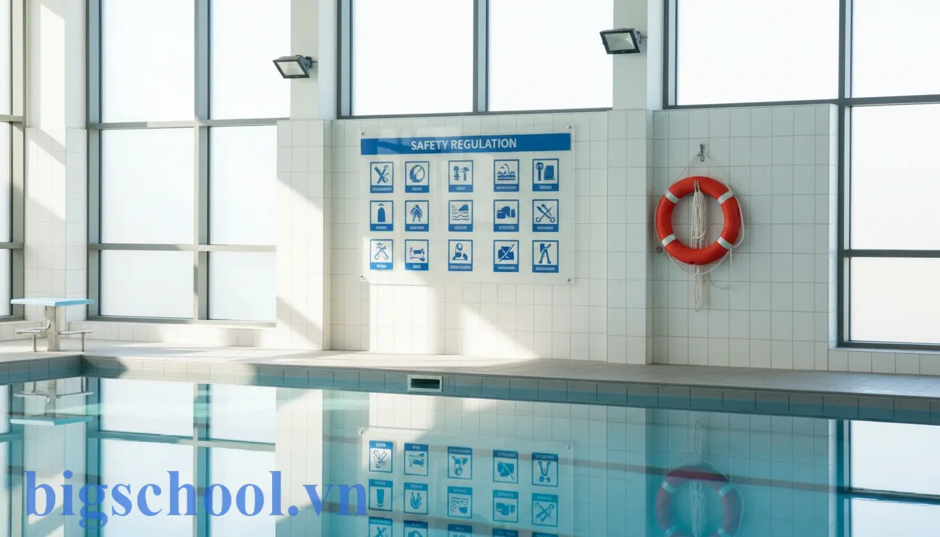 Bảng nội quy hồ bơi trường học được niêm yết công khai tại lối vào bể bơi trong nhà.