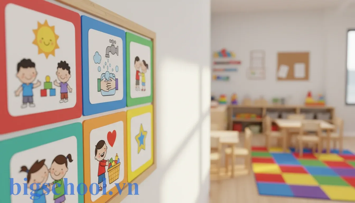 Mẫu nội quy lớp học nhà trẻ chuẩn nhất 2026 cho giáo viên 3 Bảng nội quy lớp học mầm non đầy màu sắc với các hình vẽ minh họa hành vi tốt cho trẻ.
