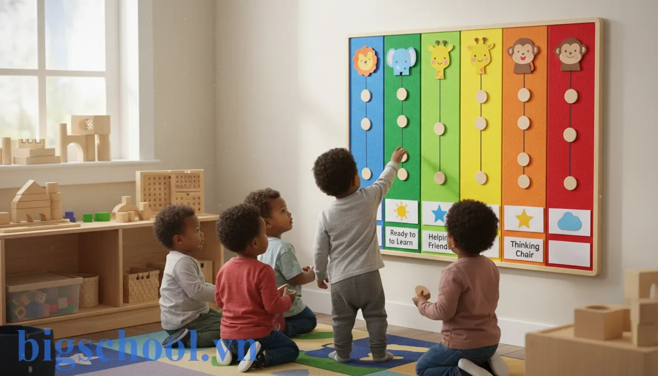 Bảng nội quy lớp học mầm non được lắp đặt ở độ cao ngang tầm mắt của các bạn nhỏ.