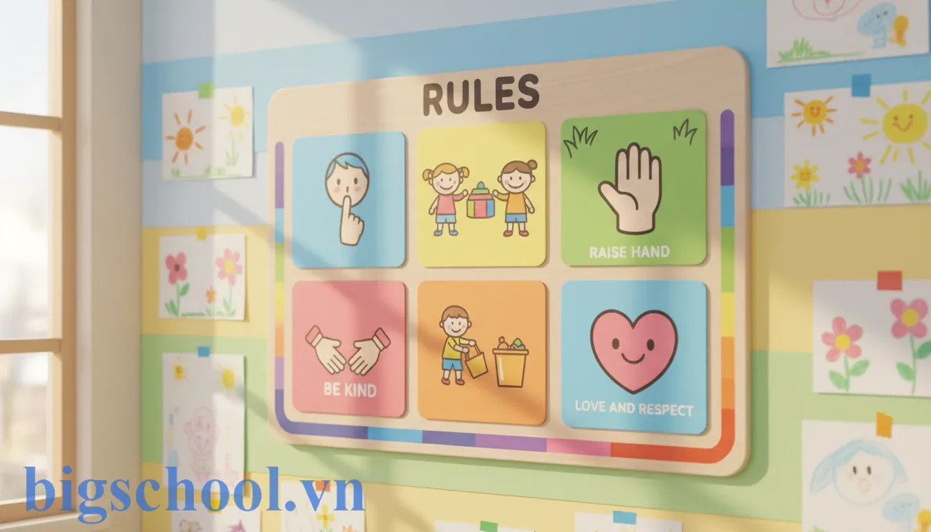 10 mẫu bảng nội quy lớp học kết hợp BigSchool hiệu quả 2025 1 Bảng nội quy lớp học mầm non sử dụng hình ảnh minh họa sinh động giúp trẻ dễ nhớ.