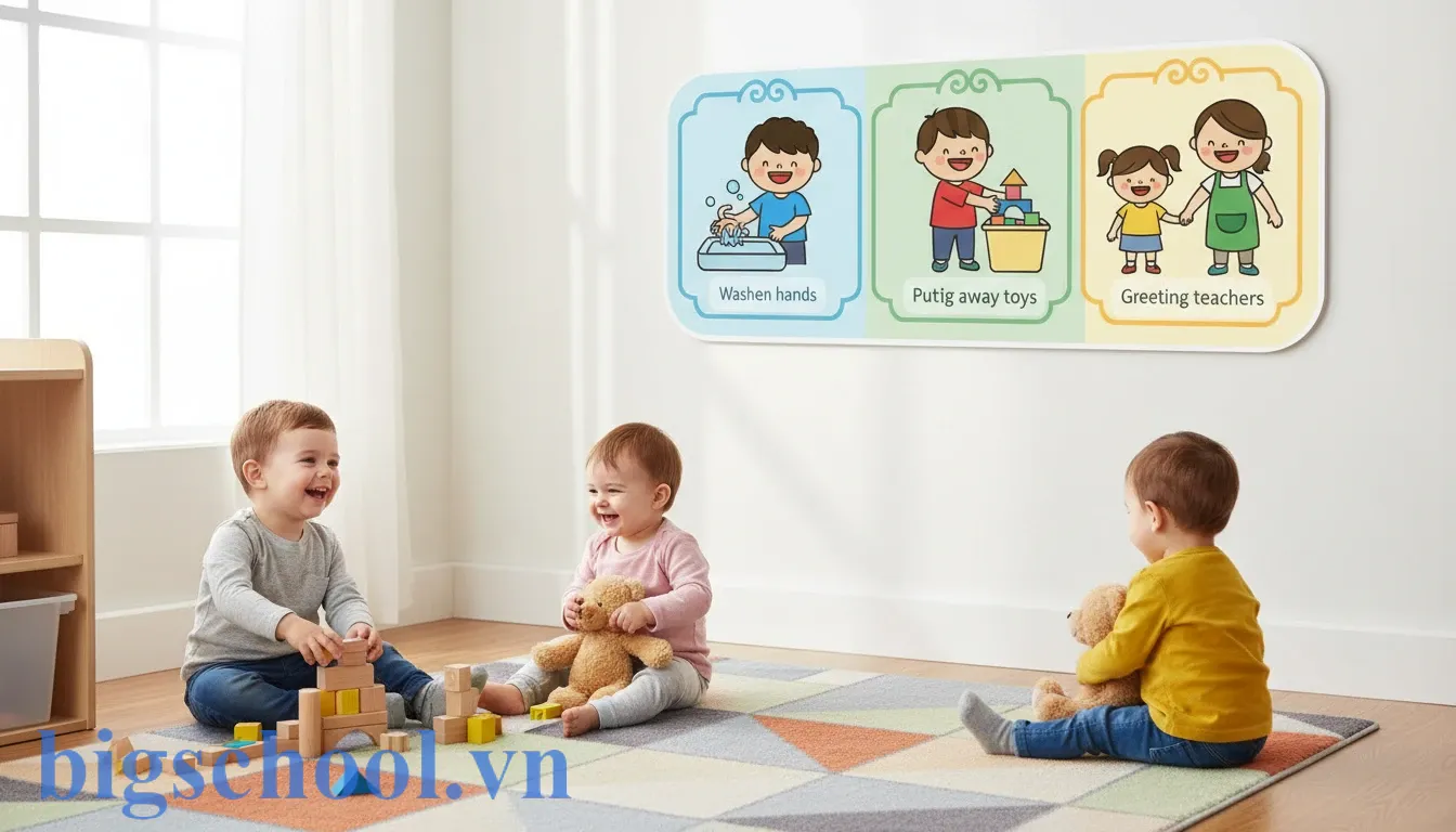 Bảng nội quy trường mầm non với các biểu tượng hoạt hình sinh động giúp trẻ dễ hiểu.