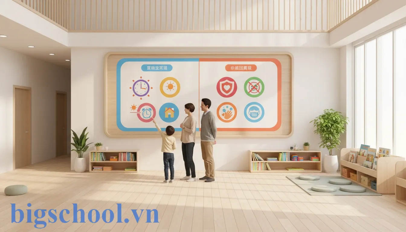 Hướng dẫn xây dựng nội quy dành cho phụ huynh trường mầm non chuẩn nhất 3 Bảng thông tin nội quy mầm non trình bày dưới dạng sơ đồ trực quan tại khu vực sảnh đón.