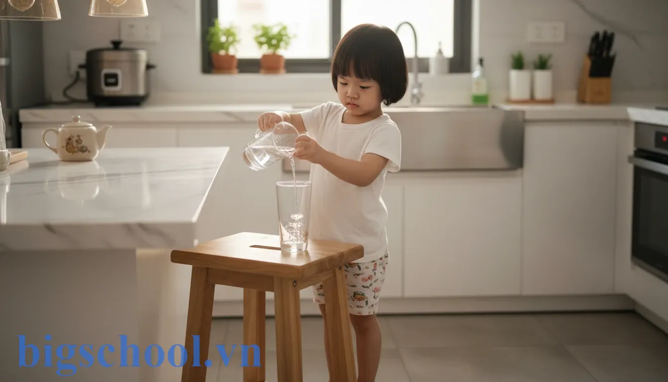 Bé gái người Việt thực hành kỹ năng rót nước tự phục vụ theo phương pháp Montessori tại nhà.