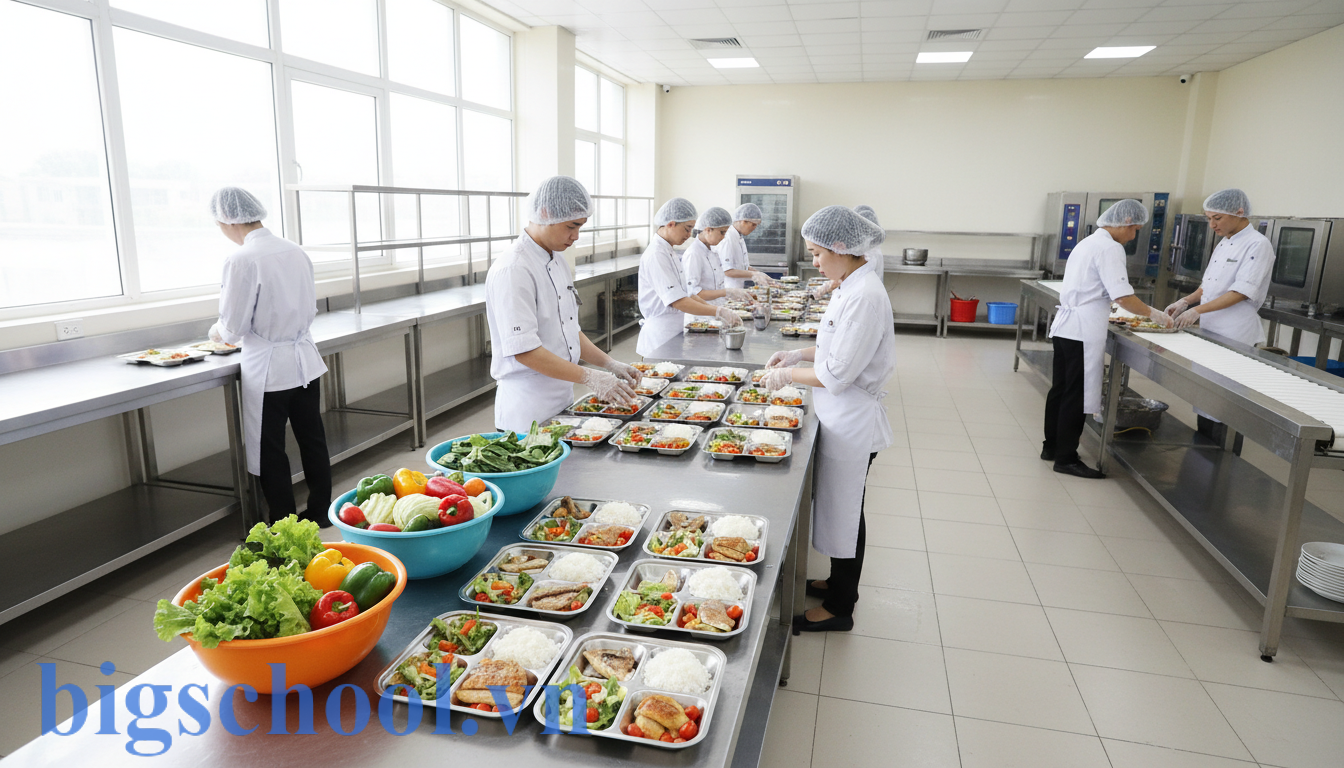 Học bán trú là gì? Cẩm nang giúp cha mẹ chọn đúng mô hình 2026 1 Bếp ăn một chiều chuẩn vệ sinh an toàn thực phẩm tại trường bán trú Việt Nam