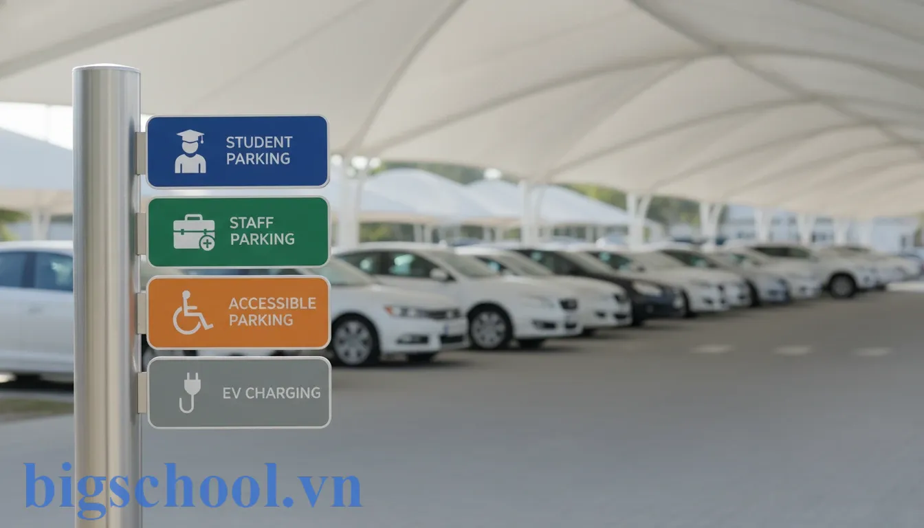 Biển chỉ dẫn phân khu vực đỗ xe cho giáo viên và học sinh trong khuôn viên nhà xe trường học