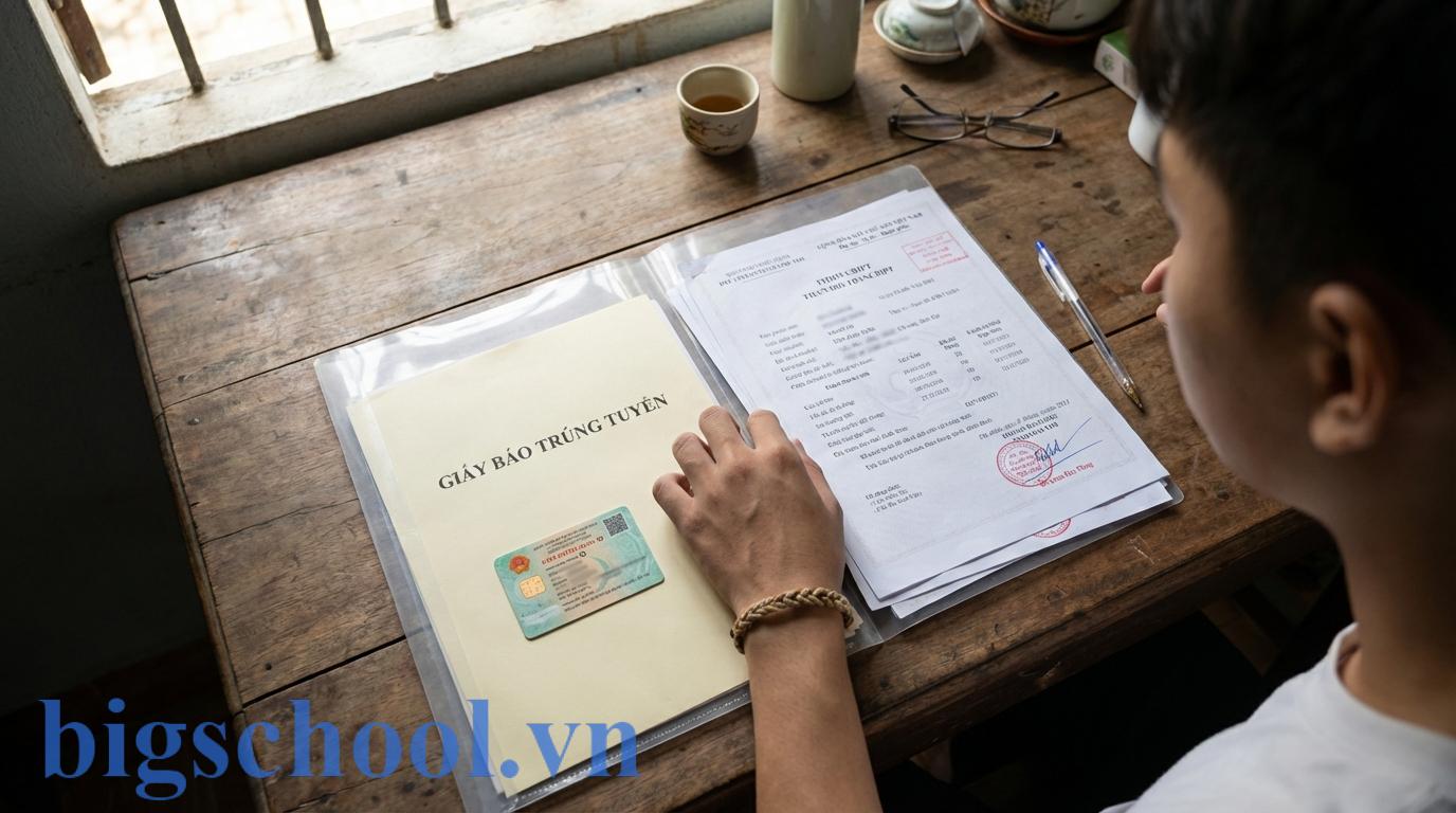 Bộ hồ sơ nhập học đại học đầy đủ gồm giấy trúng tuyển và các giấy tờ tùy thân.