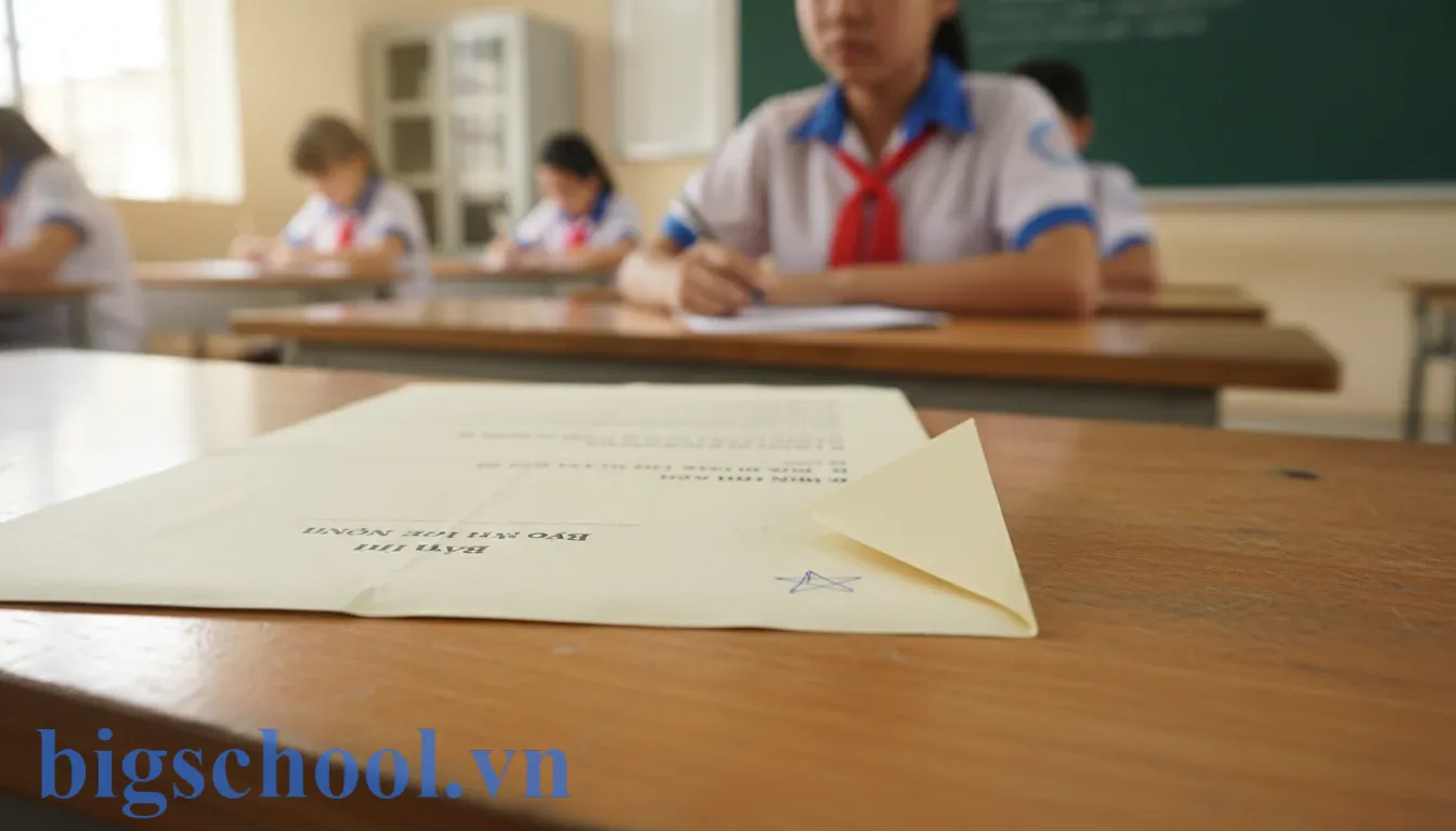 Cận cảnh bài thi có ký hiệu ngôi sao và góc giấy bị gấp vi phạm quy chế đánh dấu bài.