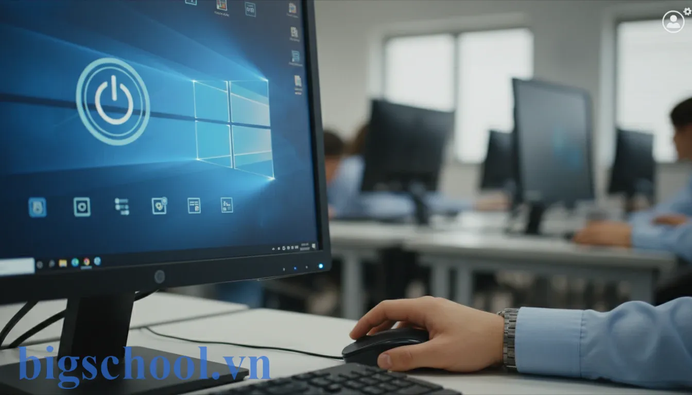 Cận cảnh bàn tay học sinh thực hiện lệnh tắt máy tính đúng kỹ thuật trên màn hình Windows.