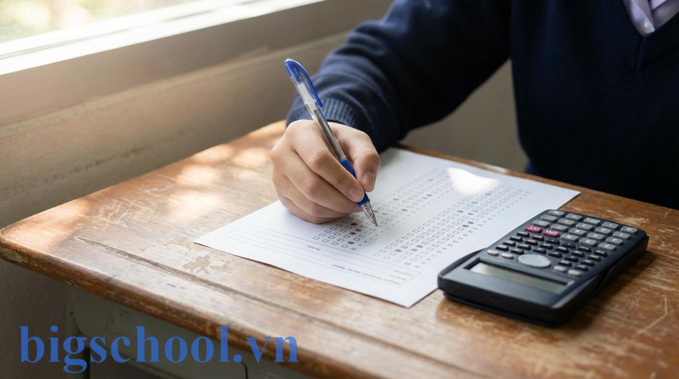 Cận cảnh bàn tay học sinh Việt Nam làm bài trắc nghiệm trả lời ngắn theo cấu trúc đề thi 2025.