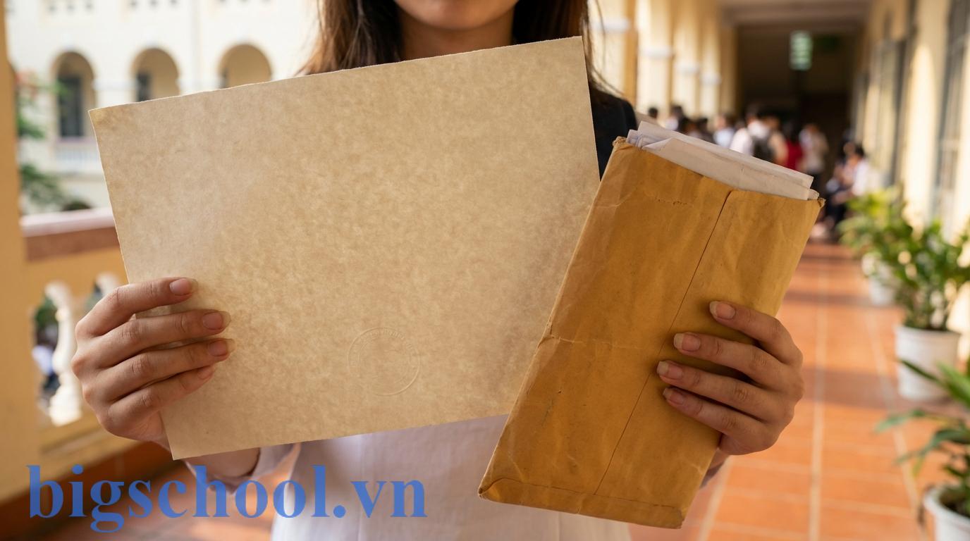 Cận cảnh bộ hồ sơ gốc gồm bằng tốt nghiệp và học bạ được trao trả cho sinh viên.