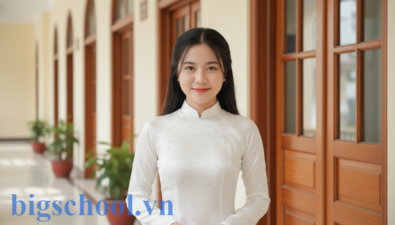 Cận cảnh kiểu dáng áo dài trắng học sinh với cổ cao truyền thống và tà áo dài quá gối.