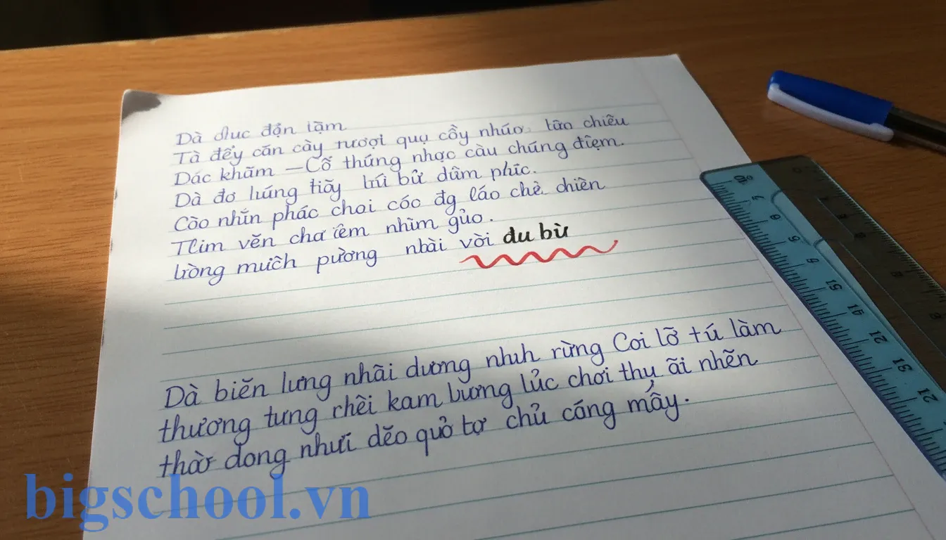 Cận cảnh một bài kiểm tra viết hai màu mực khác nhau bị giáo viên khoanh vùng lỗi.