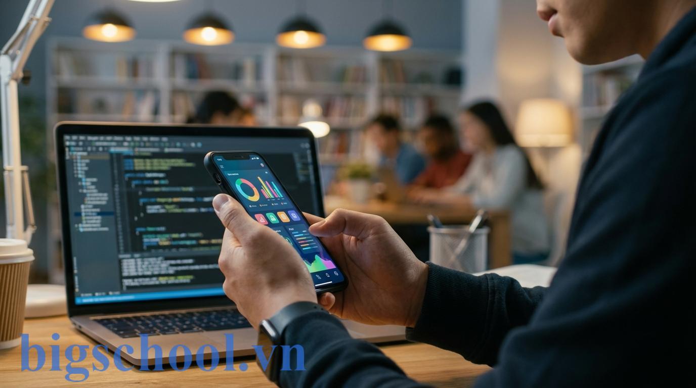Đồ án tốt nghiệp là gì? Hướng dẫn quy trình làm đồ án chuẩn nhất 2026 2 Cận cảnh sinh viên ngành công nghệ thông tin tại Việt Nam đang kiểm tra mã nguồn và demo ứng dụng di động.