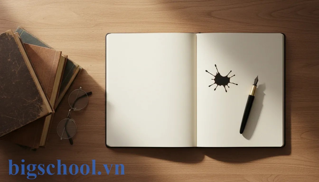 Cận cảnh vết mực giây trên trang giấy trắng tinh khôi đặt cạnh cây bút máy và chồng sách cũ.