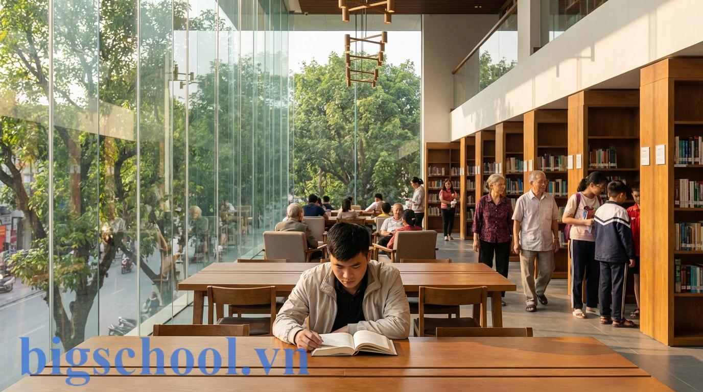 Văn hóa đọc là gì? 3 trụ cột kiến tạo năng lực tự học thời đại số 2 Chàng trai Việt Nam đọc sách tại thư viện hiện đại minh họa cho văn hóa đọc cá nhân và cộng đồng.