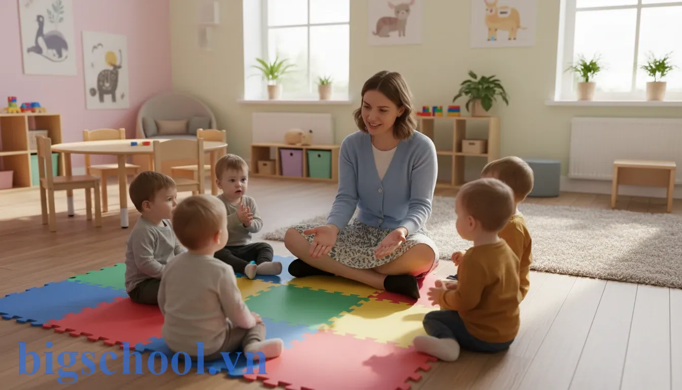 Mẫu nội quy lớp học nhà trẻ chuẩn nhất 2026 cho giáo viên 1 Cô giáo mầm non đang hướng dẫn các bé ngồi trật tự và an toàn trên thảm trong lớp học.