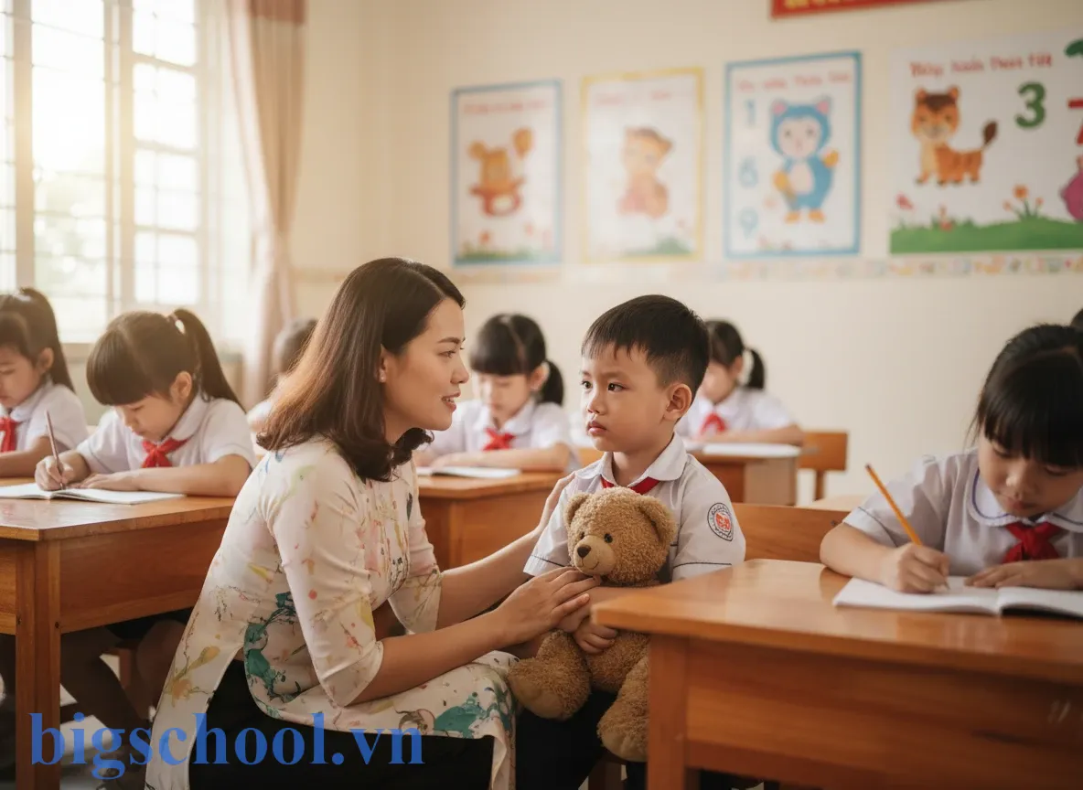 Cô giáo tiểu học Việt Nam đang ân cần trò chuyện và động viên học sinh tại lớp.