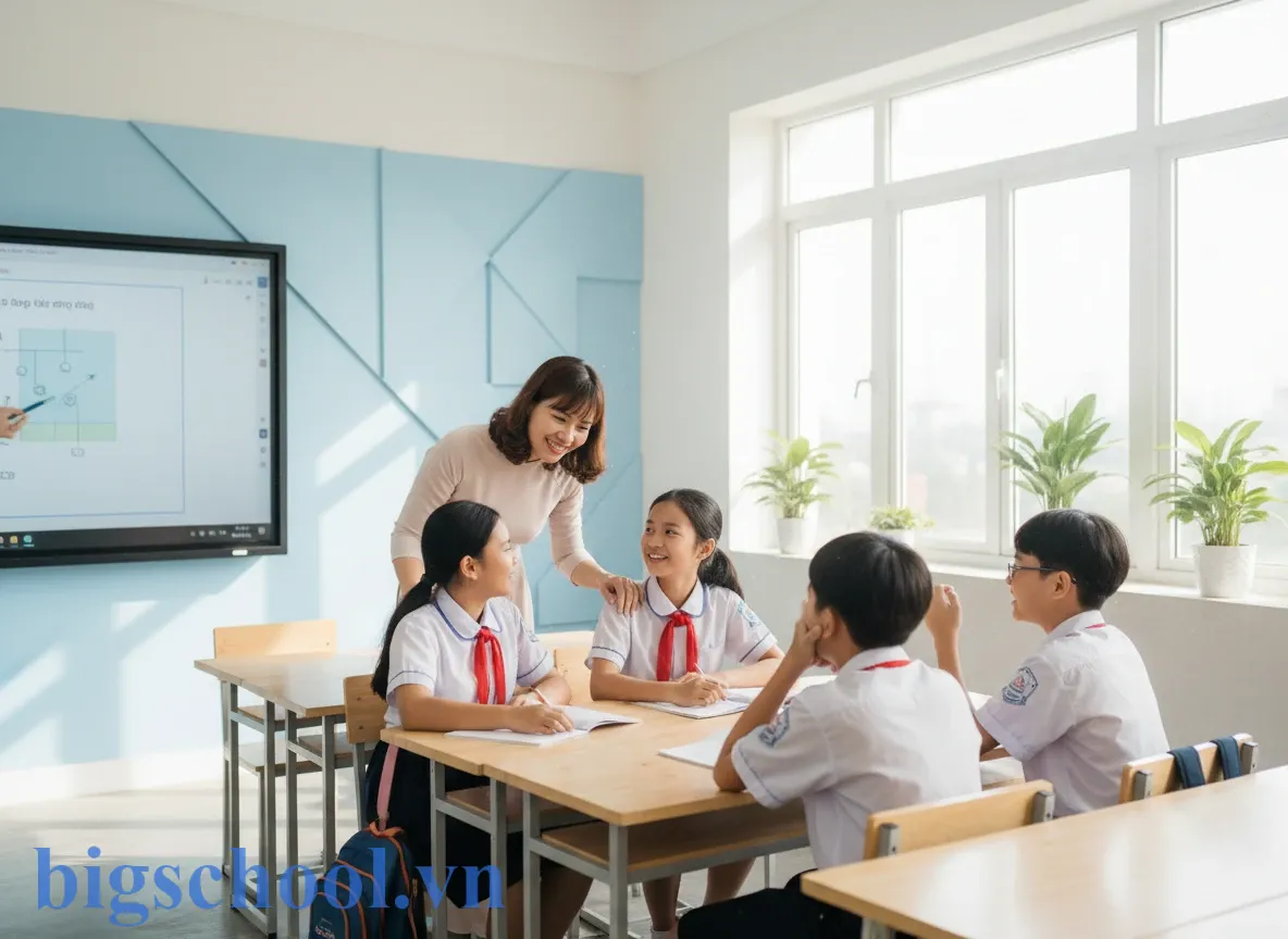 Cô giáo Việt Nam đang hướng dẫn học sinh trong không gian lớp học kỷ luật tích cực thân thiện.