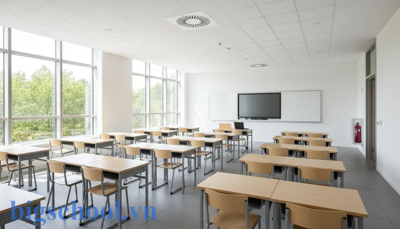 Cơ sở vật chất lớp học thêm đạt chuẩn về ánh sáng và an toàn phòng cháy chữa cháy.