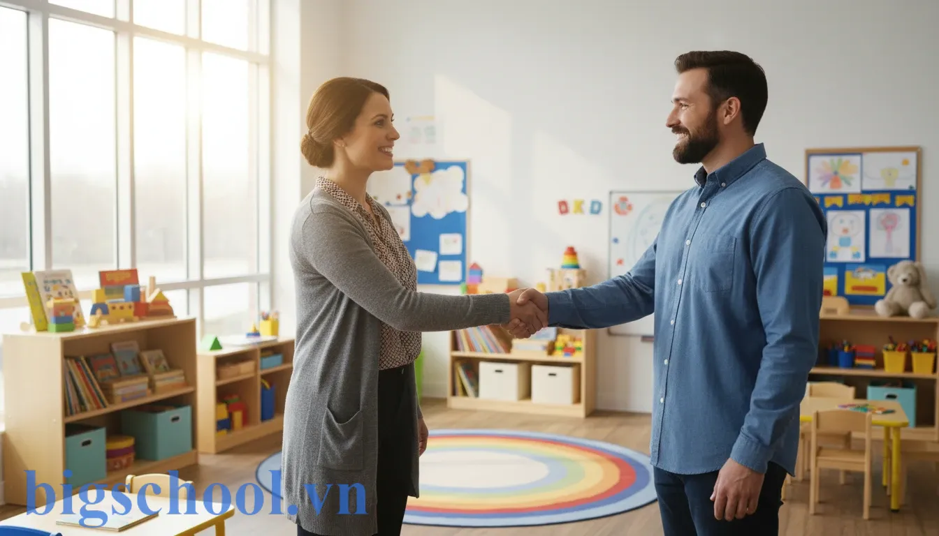 Hướng dẫn xây dựng nội quy dành cho phụ huynh trường mầm non chuẩn nhất 1 Cuộc gặp gỡ thân thiện giữa giáo viên và phụ huynh trong lớp mầm non hiện đại đầy màu sắc.