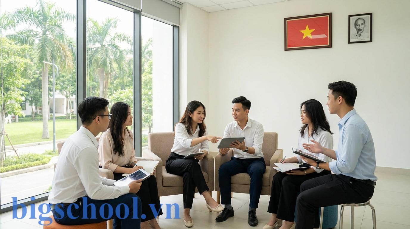 Đảng viên sinh viên Việt Nam thảo luận sôi nổi trong buổi sinh hoạt chi bộ tại giảng đường đại học.