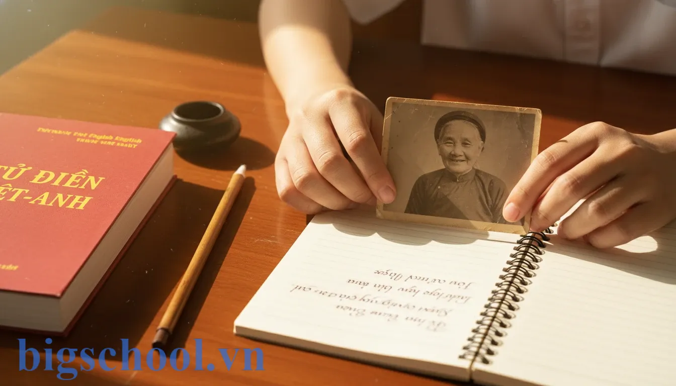 Kỷ niệm hay kỉ niệm? 3 mẹo viết đúng i/y vĩnh viễn 2025 2 Đôi tay nâng niu bức ảnh cũ bên cạnh cuốn sổ tay và từ điển, gợi nhắc về việc trân trọng kỷ niệm.