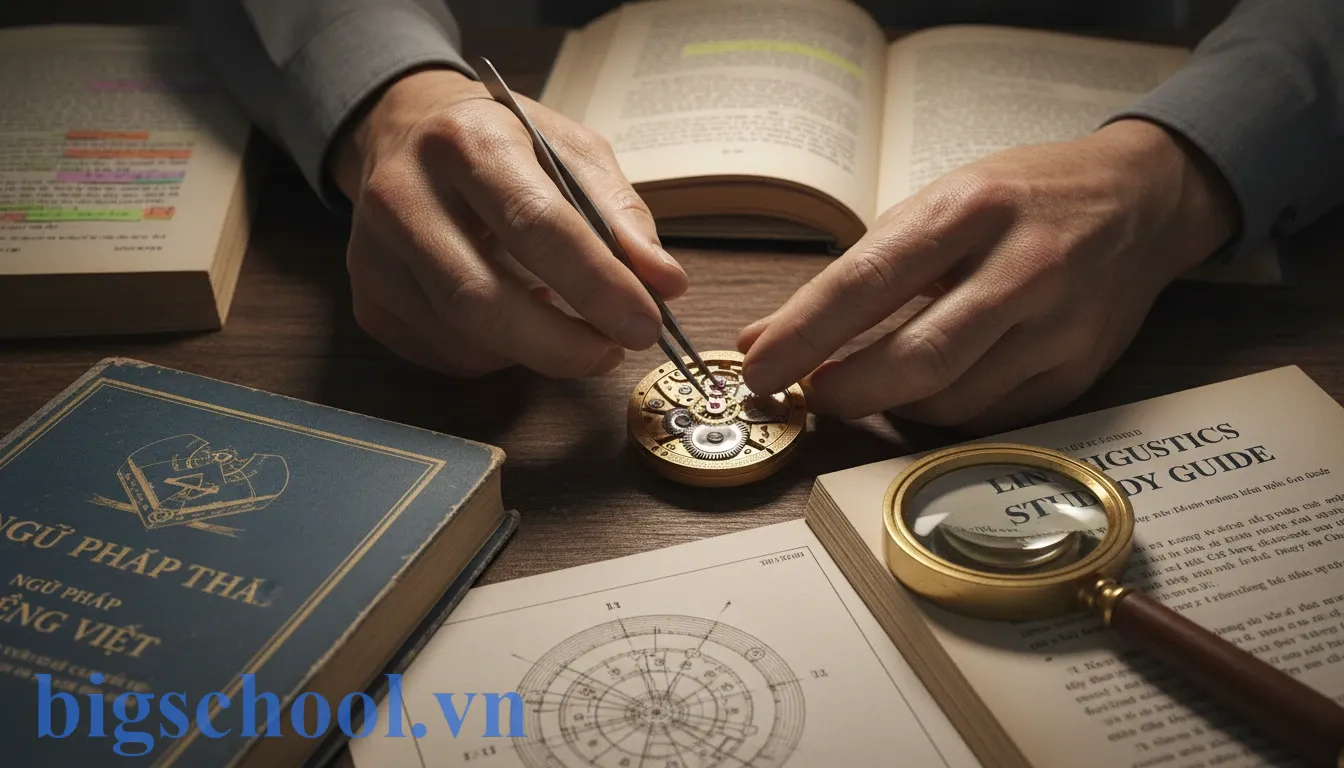 Đôi tay nghệ nhân chế tác linh kiện cơ khí tinh xảo minh họa cho sự tỉ mỉ của ngôn ngữ.