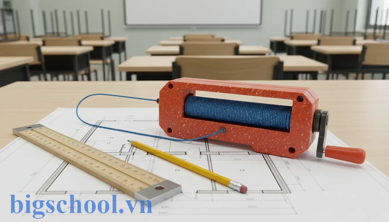 Dụng cụ dây mực (dây búng mực) chuyên nghiệp được đặt trên bản vẽ kỹ thuật trong xây dựng.