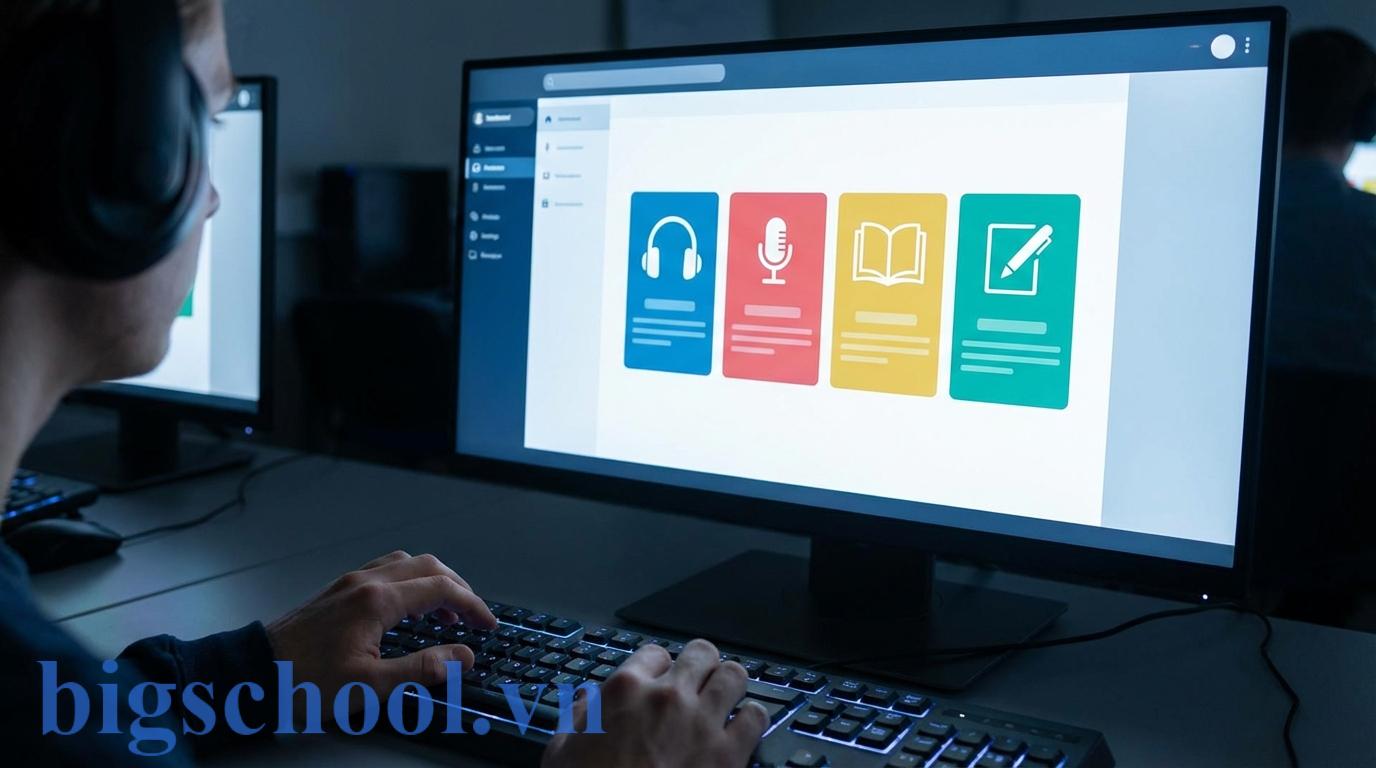 Giao diện bài thi thử VSTEP chuẩn hóa với đầy đủ 4 kỹ năng nghe nói đọc viết trên máy tính.