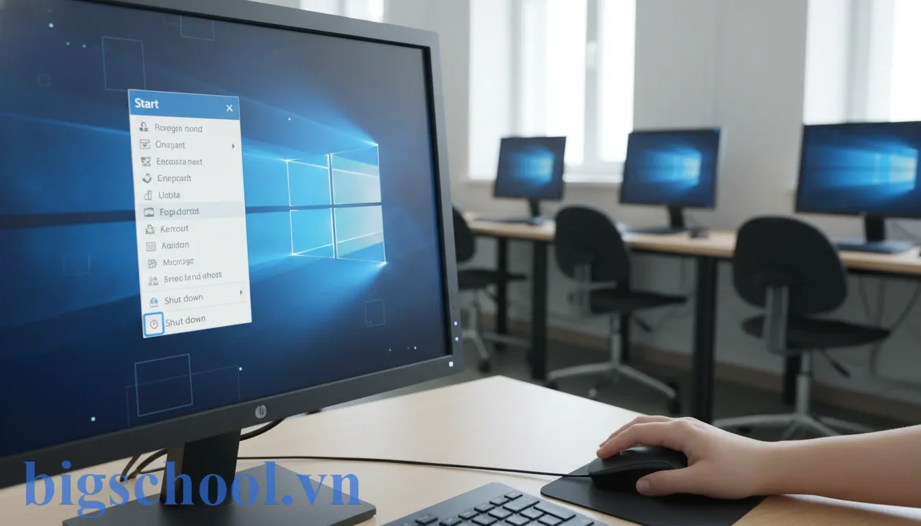 Giao diện màn hình máy tính hiển thị lệnh Shut Down để tắt máy đúng quy trình kỹ thuật.