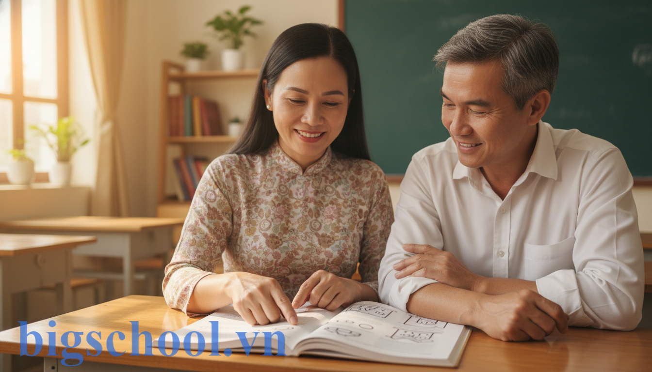 Giáo viên GDTX đang hướng dẫn tận tình cho học viên bắt đầu lại từ kiến thức Tiếng Anh cơ bản.