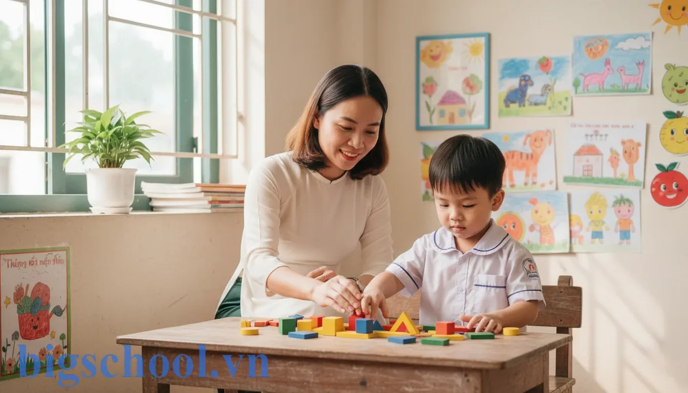 Giáo viên hỗ trợ một học sinh rối loạn phát triển sử dụng bộ công cụ học tập logic tại trường.