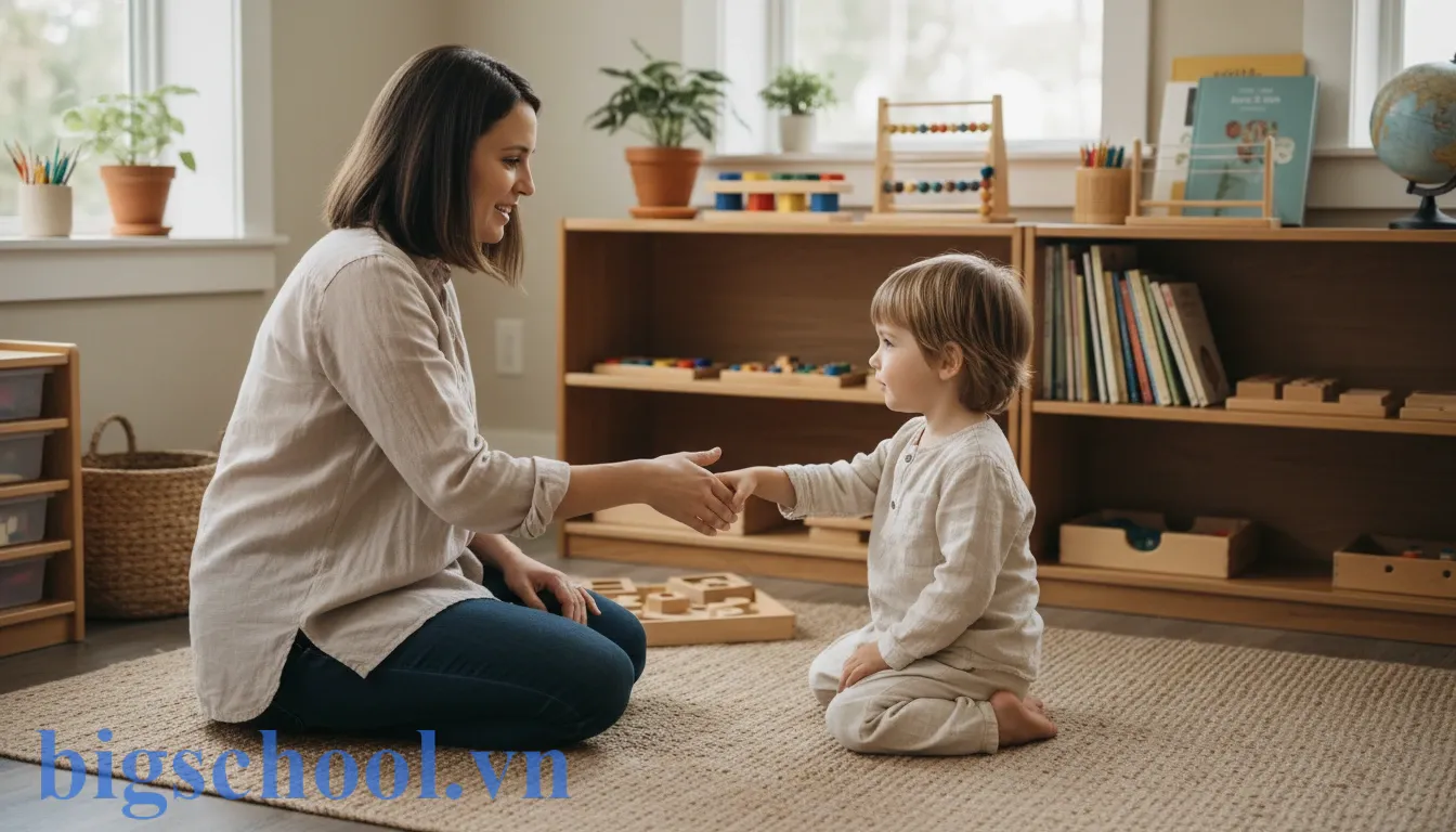 Nội quy lớp học Montessori giúp trẻ hình thành kỷ luật tự giác 3 Giáo viên Montessori và học sinh thực hành bài học về cách chào hỏi ân cần và nhã nhặn.