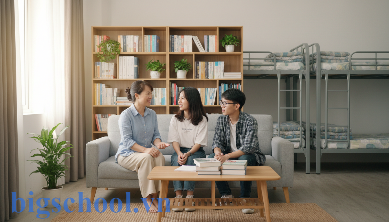 Giáo viên quản nhiệm Việt Nam đang trò chuyện, tư vấn tâm lý cho học sinh tại phòng sinh hoạt chung.