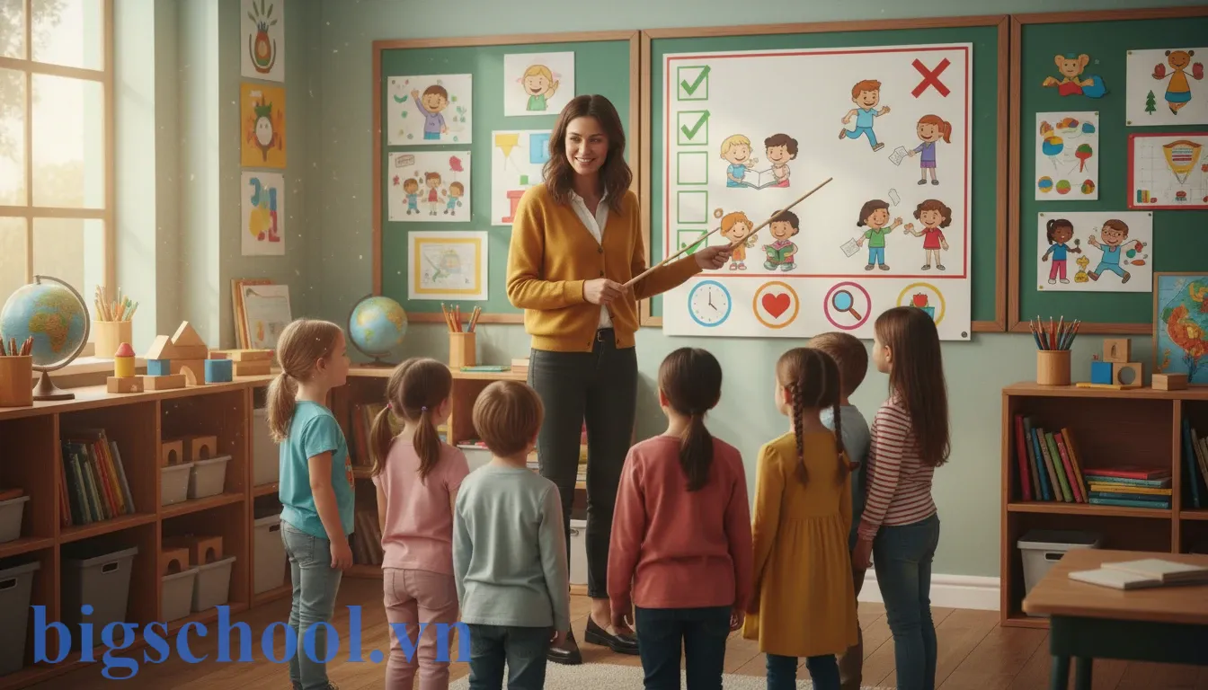 Giáo viên sử dụng bảng nội quy sinh động bằng hình ảnh để dạy học sinh tiểu học.