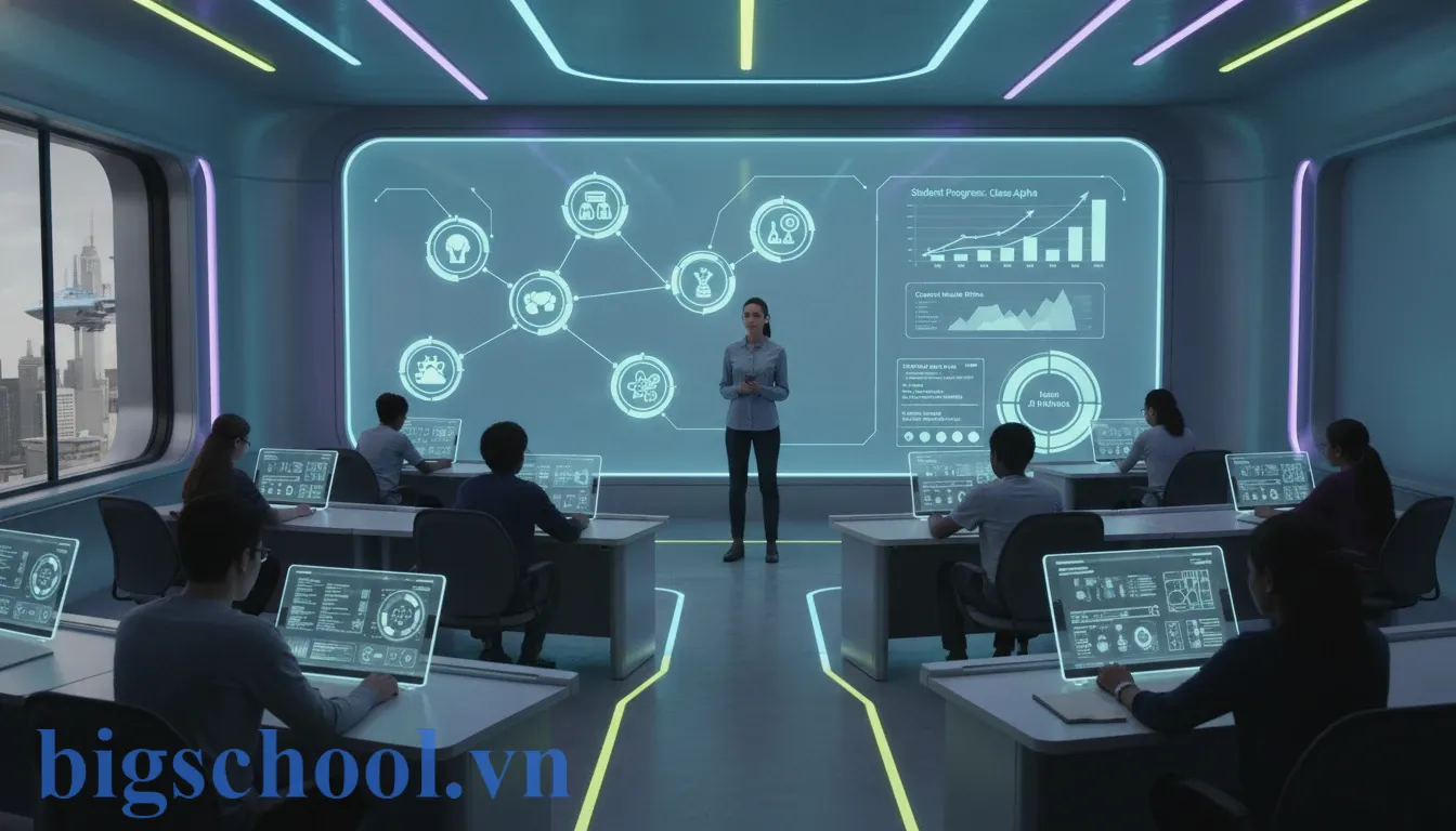 Giáo viên sử dụng hệ thống quản lý giáo dục số BigSchool để theo dõi nề nếp lớp học.