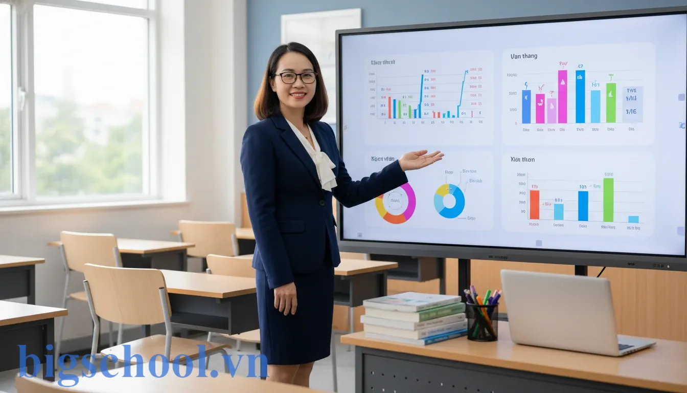 Giáo viên trung tâm dạy thêm Việt Nam chuyên nghiệp trong trang phục công sở tại lớp học bồi dưỡng văn hóa.