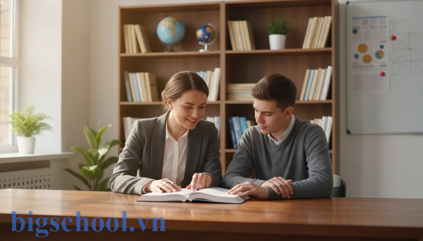 Giáo viên và học sinh trao đổi học tập bằng thái độ hòa nhã trong môi trường giáo dục.