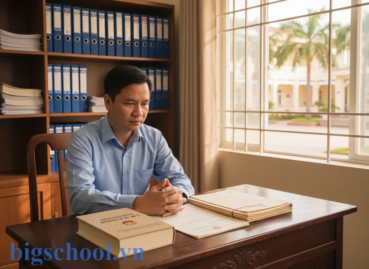 Giáo viên Việt Nam đang nghiên cứu các văn bản pháp luật về giáo dục tại bàn làm việc.