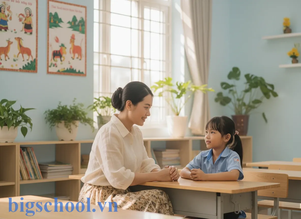 7 Cách phạt học sinh mất trật tự: Kỷ luật tích cực & Quy định mới nhất 1 Giáo viên Việt Nam đang trò chuyện ôn tồn với học sinh để giáo dục kỷ luật tích cực.