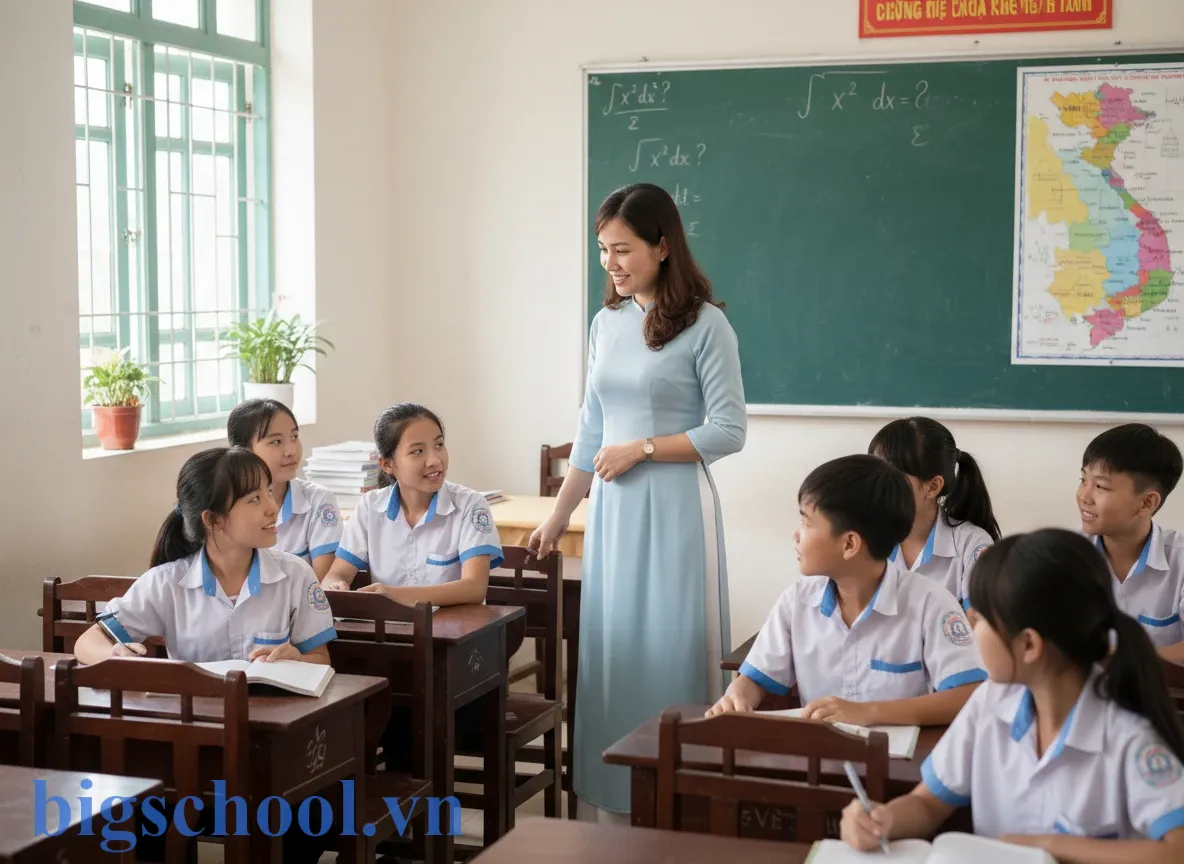 Giáo viên Việt Nam hướng dẫn học sinh trong lớp theo quy định kỷ luật tích cực của Bộ Giáo dục.