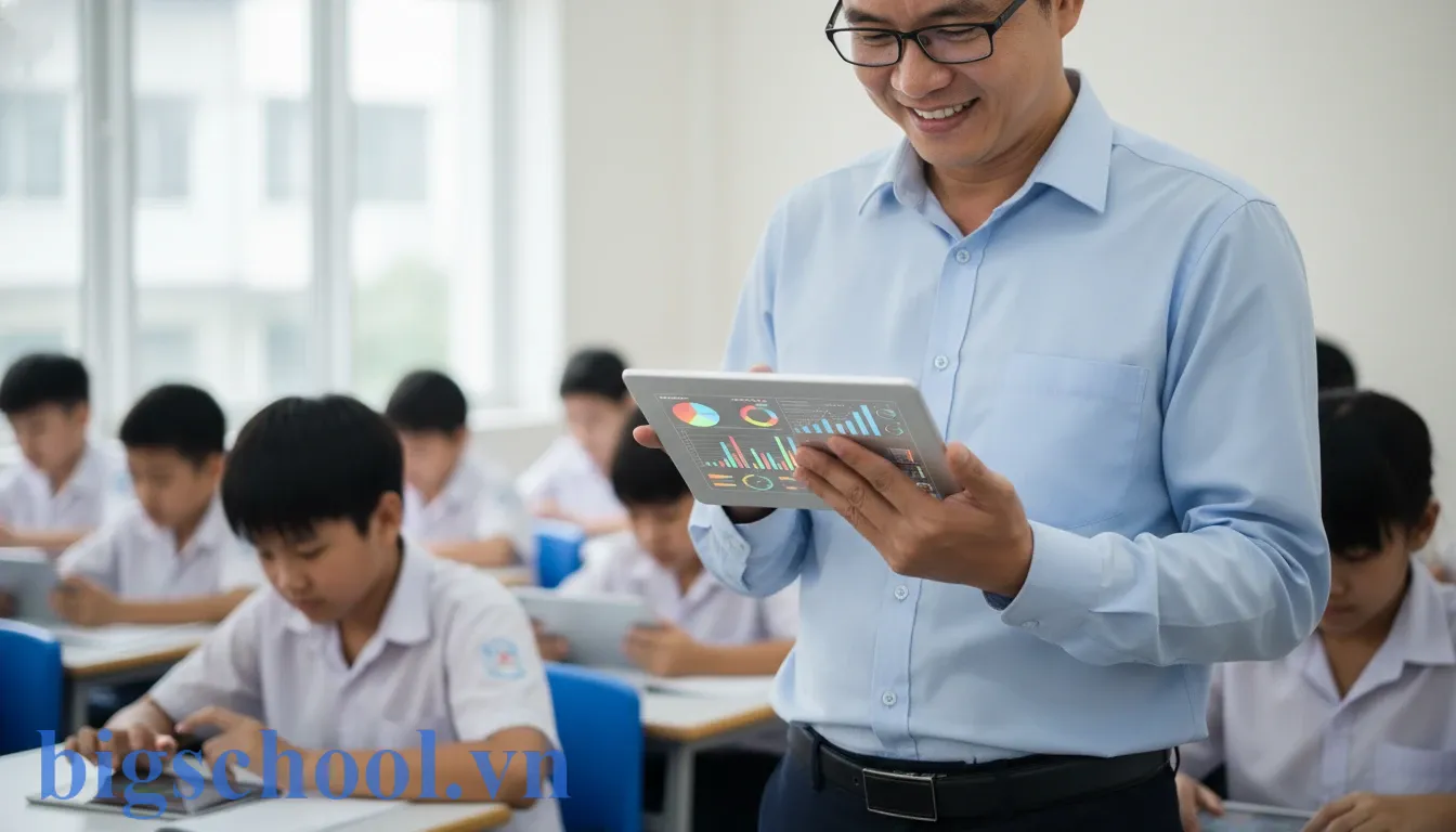 Phương pháp dạy học tích cực: 6 Kỹ thuật phát triển năng lực học sinh hiệu quả nhất 2025 3 Giáo viên Việt Nam sử dụng máy tính bảng để theo dõi kết quả kiểm tra trực tuyến của học sinh.